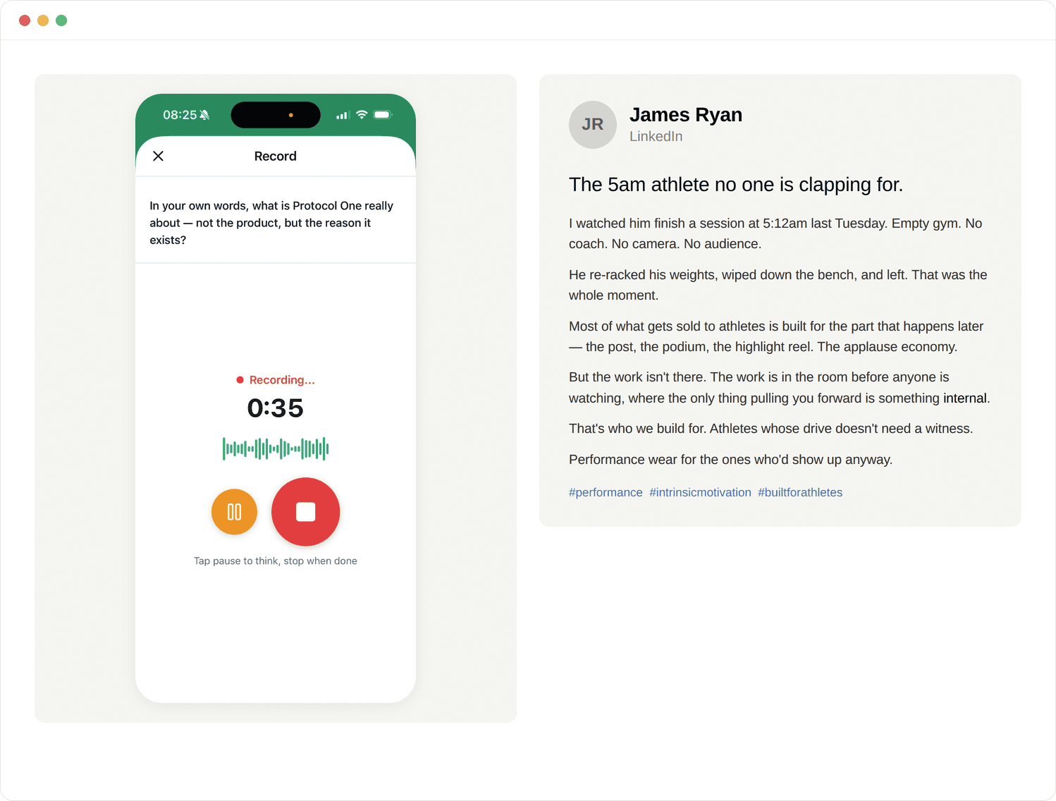 Agent Craft voice note being transformed into a LinkedIn post written in the user's own voice