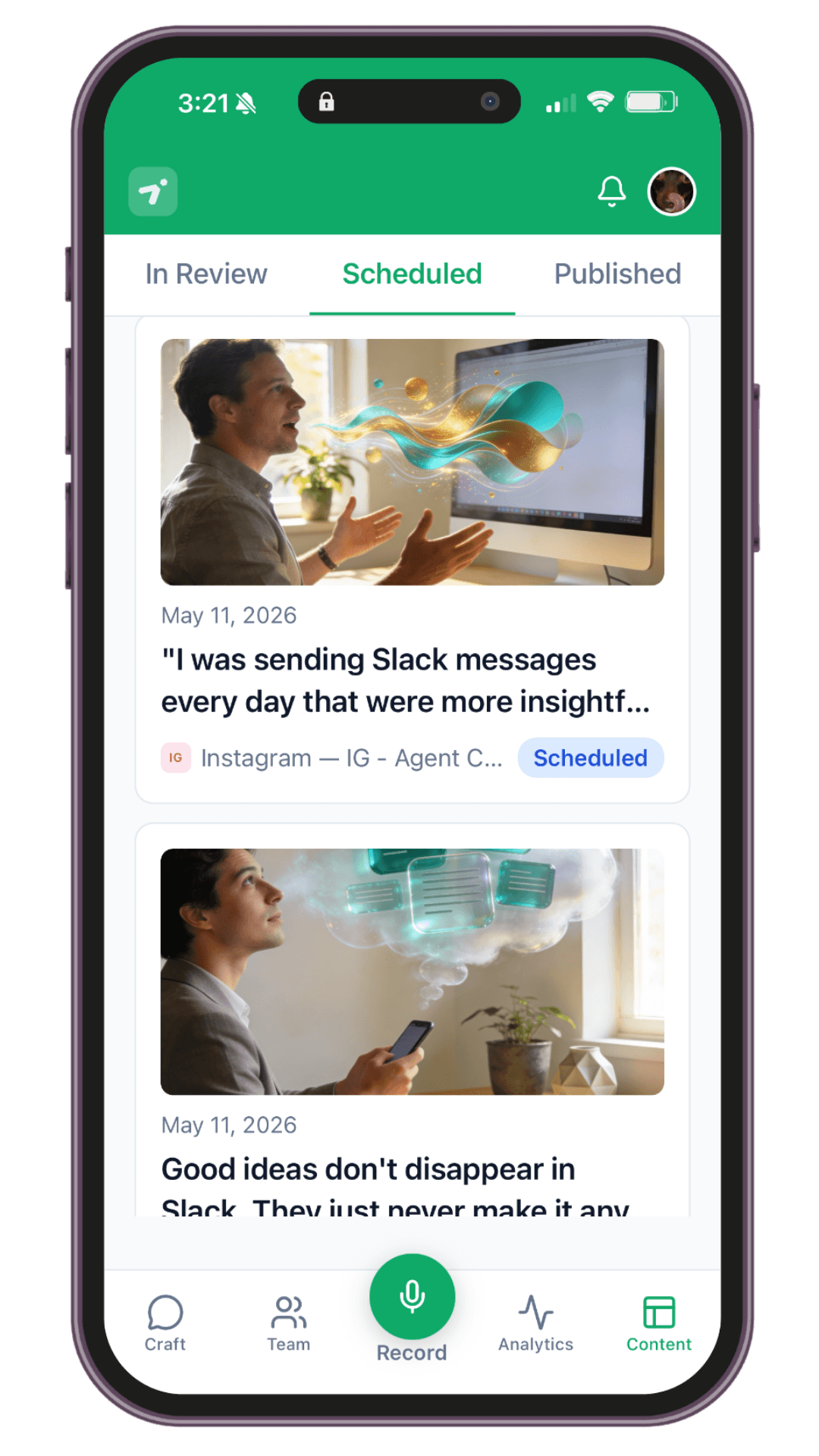 The Agent Craft mobile app — scheduled team posts on a phone