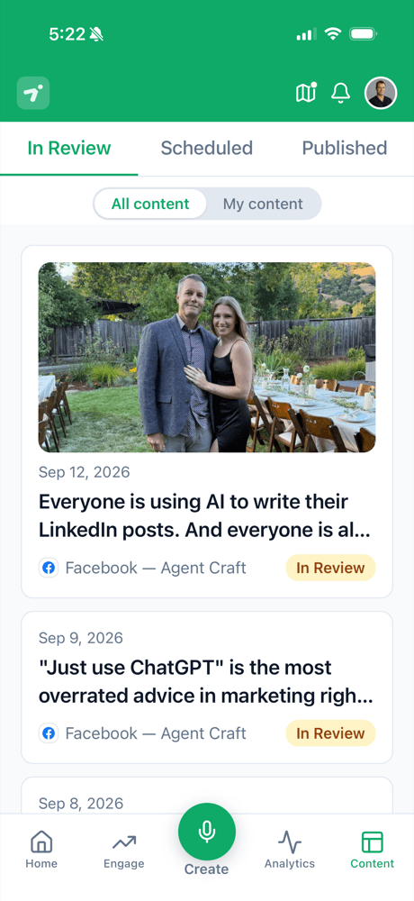 Agent Craft mobile app — content in review and the record button