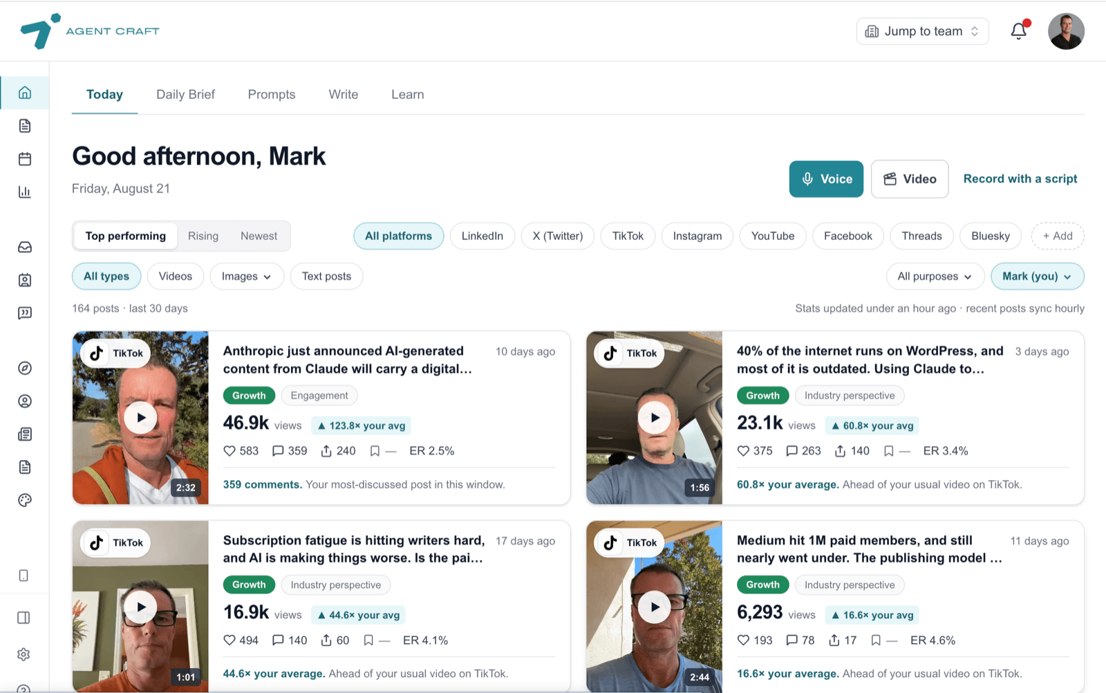 The Agent Craft web app — a member's posts, engagement, and recording tools in one view
