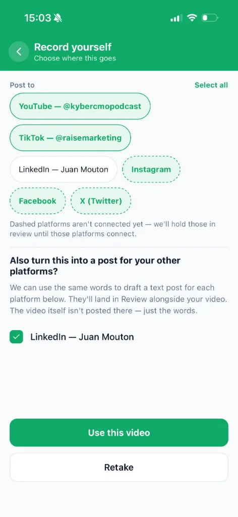 The Agent Craft app: choosing where the video posts — the rep's connected accounts across YouTube, TikTok, LinkedIn and more