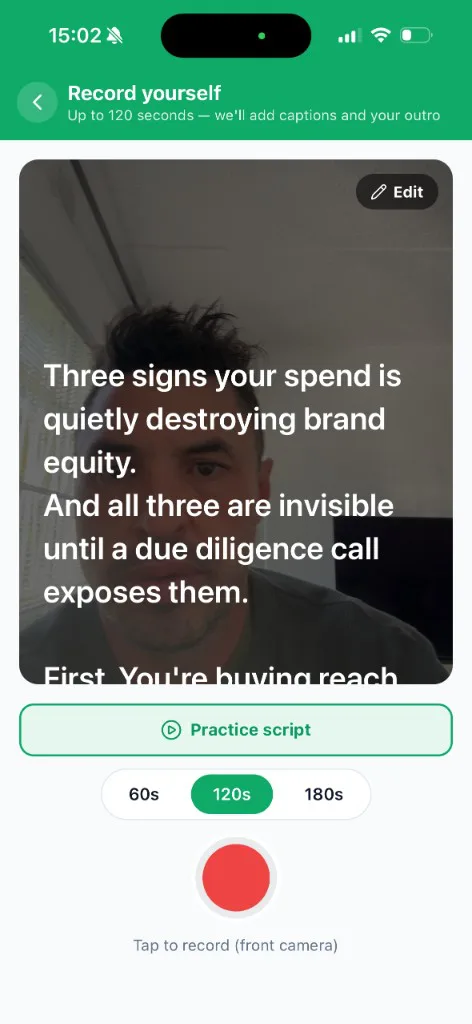 The Agent Craft app: a rep records a short video with the teleprompter script on screen